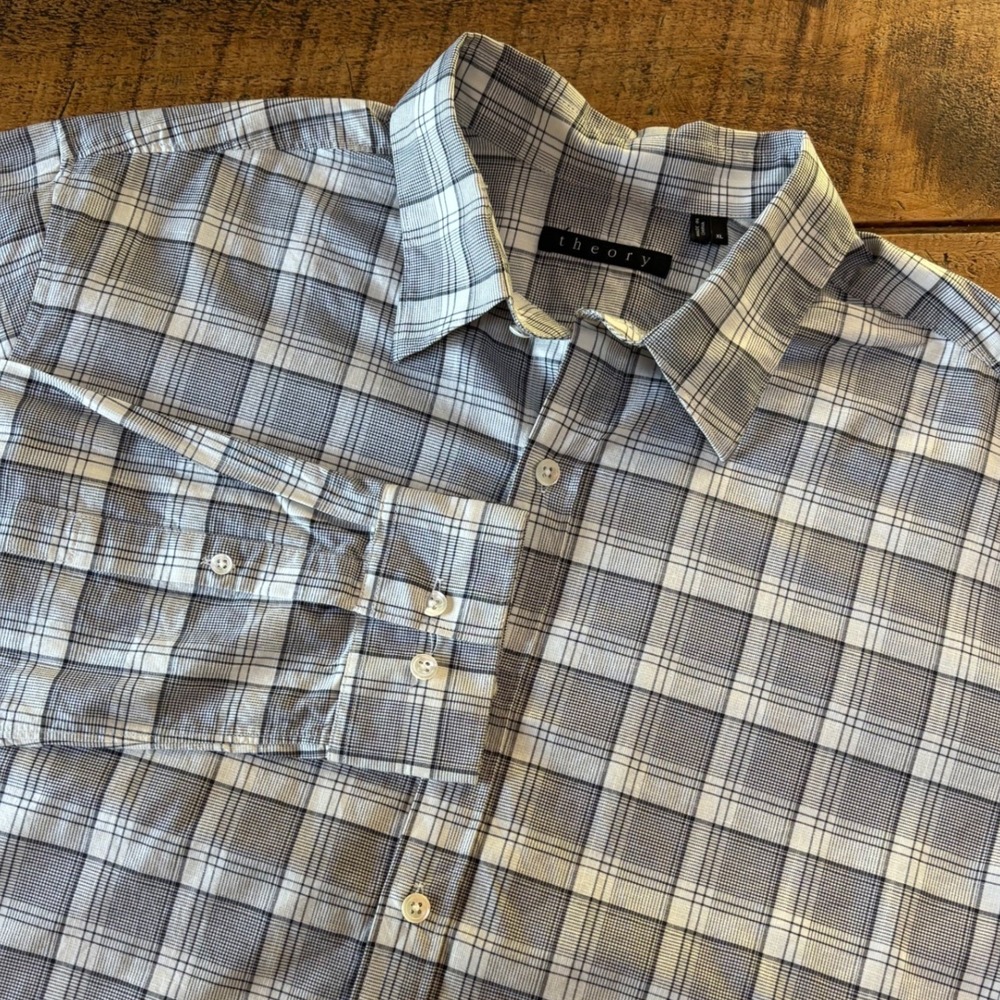 Theory Mens Black White Plaid Cotton Linen Button‎ Down Dress Shirt XL